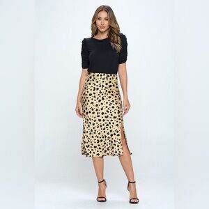 Renee C. Large Satin Leopard Print A-Line Midi Skirt Black and Gold